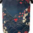 Japanese Cherry Blossom Laundry Basket, Blue Large Clothes Hamper Bag with Handles, Space Saving Foldable Design for Nursery