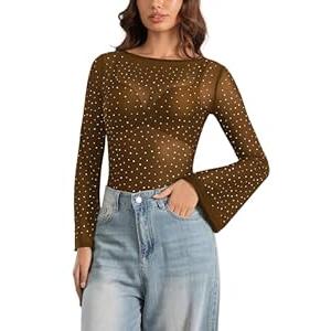 UEOIOW Sheer Tops Long Bell Sleeves Rhinestone Tops for Women Casual Shapewear Brown S