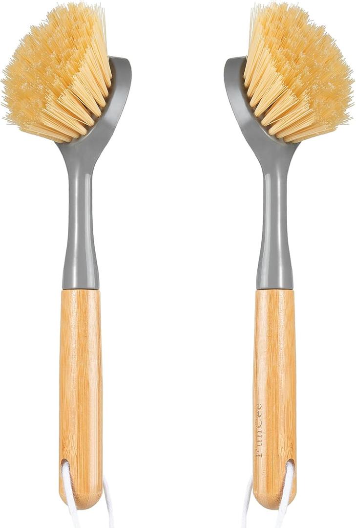 2 Pack Dish Brushes with Bamboo Handle, Kitchen Dish Scrubber Built-in Scraper, Scrub Brush for Pans, Pots, Counter & Kitchen Sink Cleaning, Dishwashing and Cleaning, Perfect Cleaning Tools, Gray