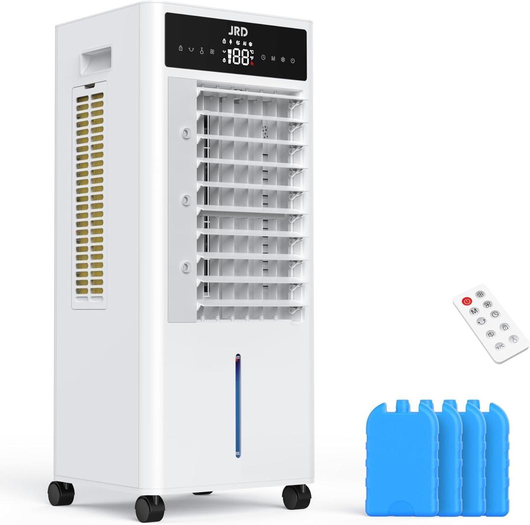 JRD 3-IN-1 Portable Evaporative Air Cooler with Remote, 12H Timer, 4 Ice Pack, 2.4Gal Tank, 4 Mode & 3 Speed, Mist Function, Swamp Cooler Cooling Fan for Bedroom Home Office (White)