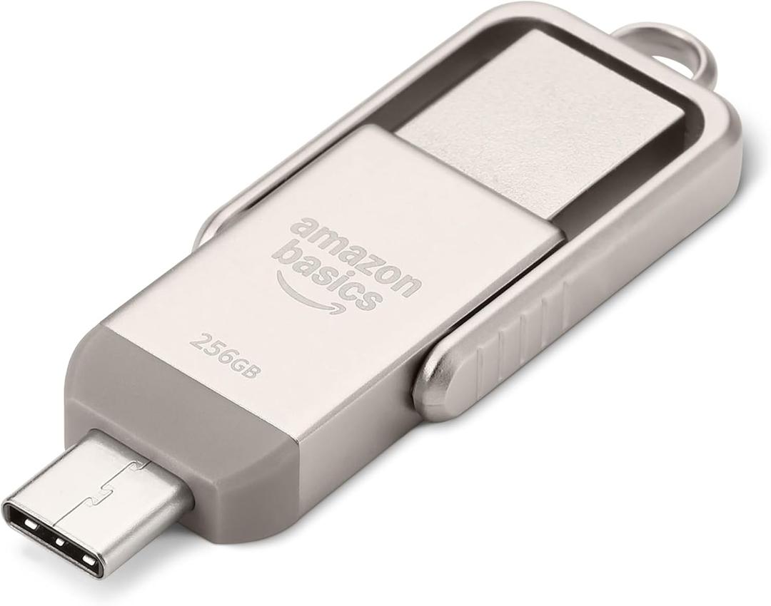 Amazon Basics 256GB USB Flash Drive, Thumb Drive Memory Stick with USB C and USB A Dual Ports, Champagne Silver