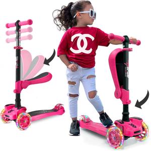 Hurtle 3-Wheeled Scooter for Kids - Wheel LED Lights, Adjustable Lean-to-Steer Handlebar, and Foldable Seat - Sit or Stand Ride with Brake for Boys and Girls Ages 1-14 Years Old (Pink)
