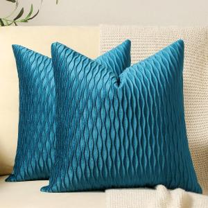 DEZENE Turquoise Throw Pillow Cases 22x22: 2 Pack Inch Original Striped Velvet Square Decorative Pillow Covers for Farmhouse Couch