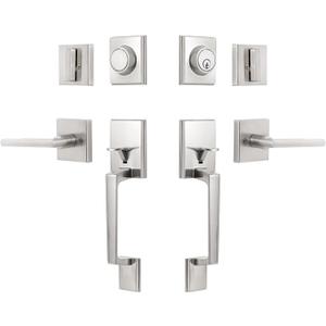 Natsukage Front Door Handle Set Heavy Duty Double Door Lock Set Satin Nickel Double Door Handle Set with Dummy, with Single Cylinder Deadbolt and Lever Handle, Reversible for Right & Left Handed Doors