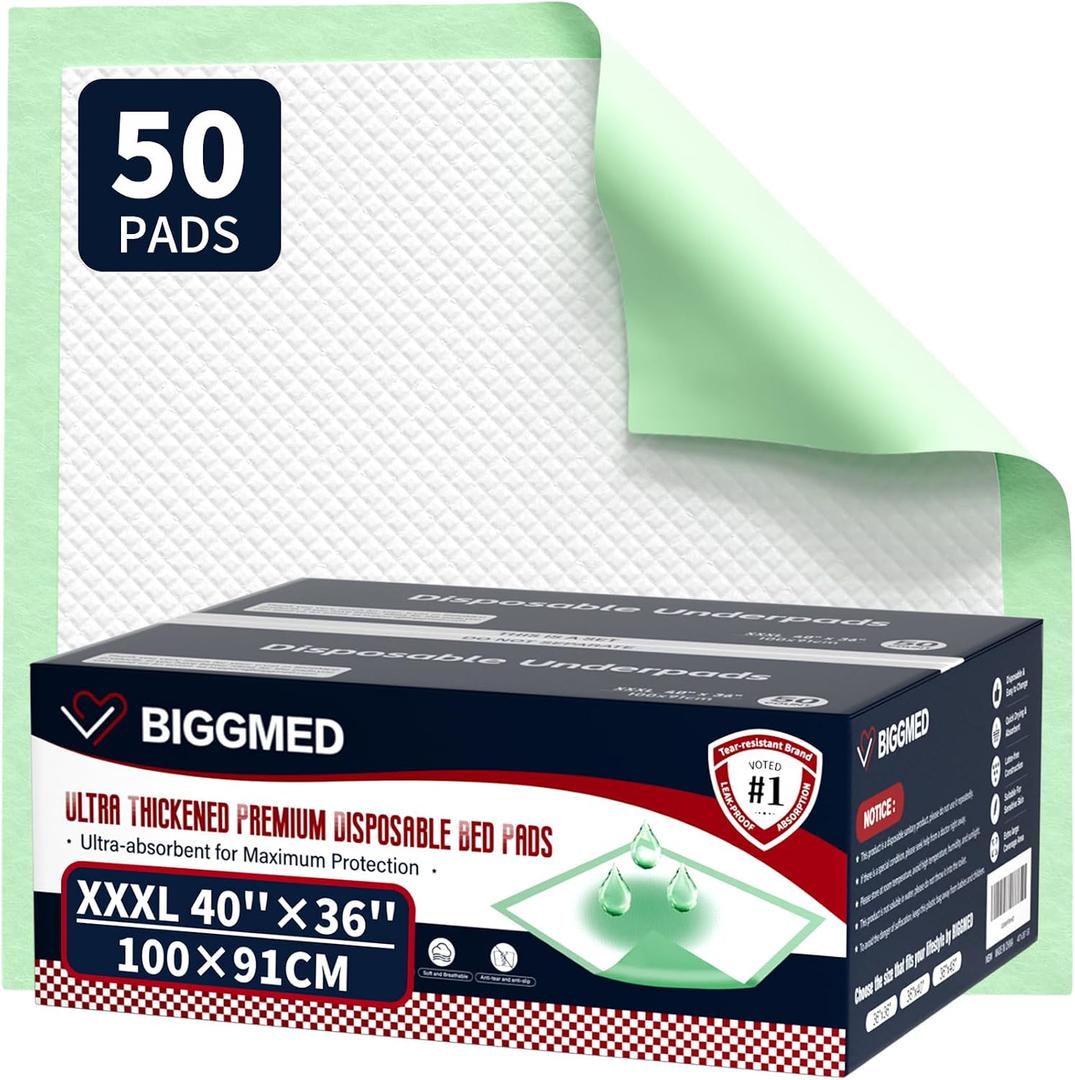BIGGMED Chucks Pads Disposable Adult 40'' X 36'' (50 Pads) Underpads for Incontinence Ultra-Absorbent & Leak-Proof Bed Pads for Adults, Elderly and Kids