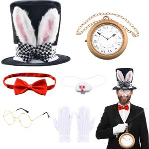 White Rabbit Costume 6Pcs Bunny Dress Up Accessories Set Rabbits Ears Plush Topper Hat Bunny Nose Rabbit Clock Glasses Bow Tie Gloves for Easter Halloween Party Costume