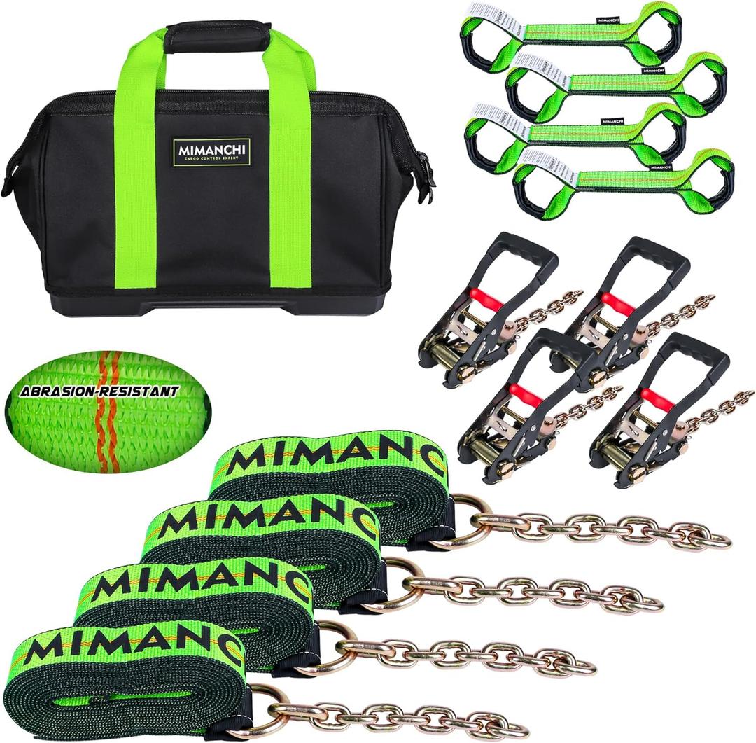 8 Point Roll Back Vehicle Tie Down Kit,with Heavy-Duty Chain Extension on Both Ends,2" x 16',and Ratchet Handle - Tow Strap Kit for Vehicles and Cars Tie Down Straps Tow System