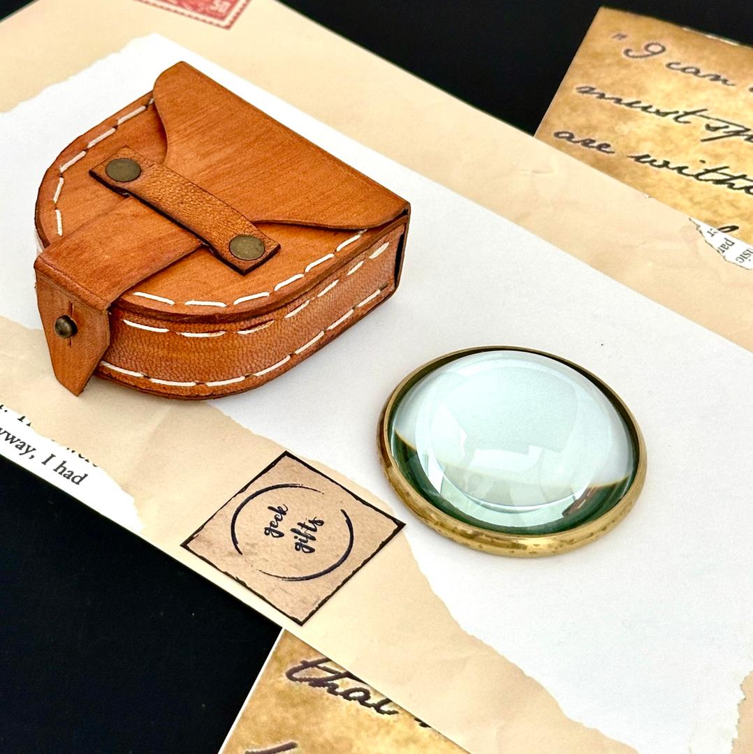 Pocket Magnifying Glass with Leather Box - Domed Magnifying Glass - Monocle Costume Magnifiers - Book Magnifier for Reading - Hand Made Gift (Gold - Without Chain)