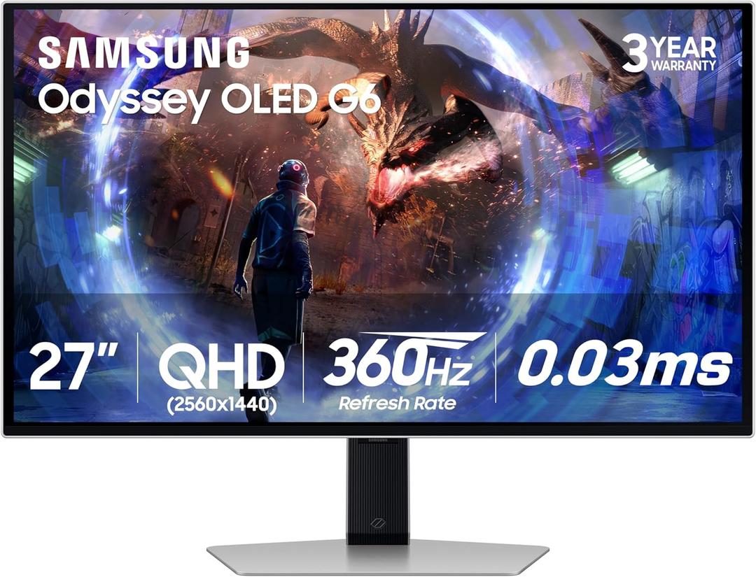 Samsung 27 Odyssey OLED G6 (G60SD) Series Gaming Monitor with QHD & QD-OLED, 360Hz 0.03ms, AMD FreeSync Premium Pro, Anti-Glare, Sleek Design, Cooling System, LS27DG602SNXZA