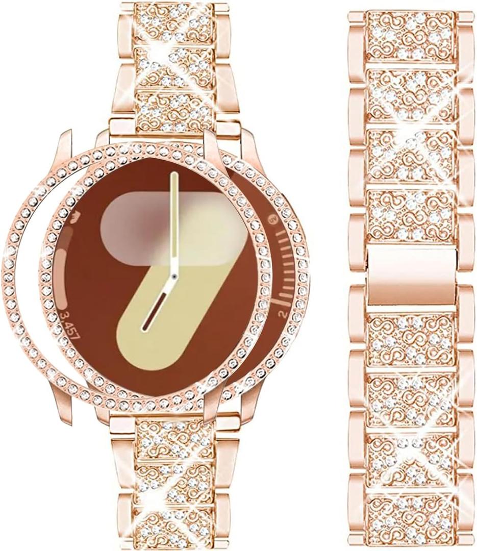 Mosonio Compatible with Samsung Galaxy Watch 8/7/6 Bands 40mm/44mm, 20mm Bling Metal Bands with Bling Protective Cover Case for Women, Shiny Watch Replacement Strap for Daily Wear (Rose Gold)