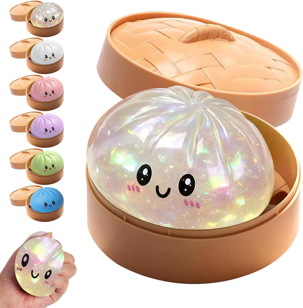 Dumpling Squishies, Glitter Dumpling Squishies Box, Colorful Dumpling Stress Balls, Soft Squeeze Decompression Dough, Fidget Sensory Toy for Anxiety Stress Relief for Children Adult, Transparent