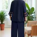 AOVDE Plus Size Pant Suits 2 Piece Casual Dressy Pantsuits Mesh Panel Bell Sleeve Outfits for Women Evening Dinner Party (Blue)