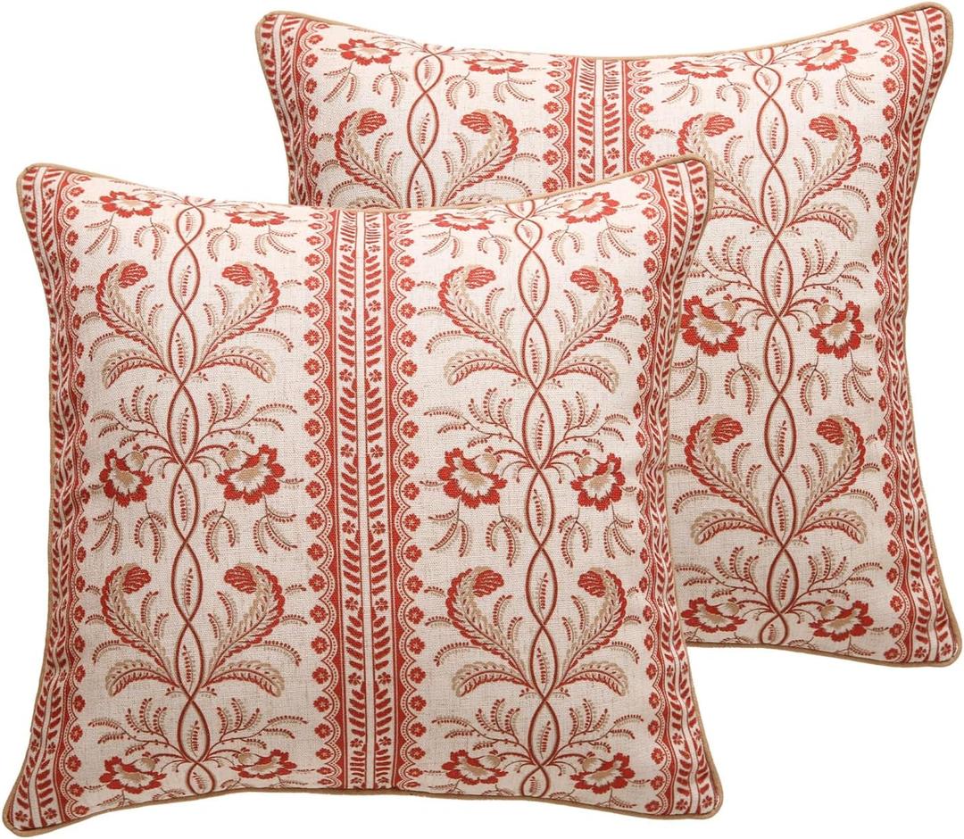 Design Euro Linen Square Throw Pillow Covers 18"x18" Pack of 2, French Country Cushion Covers with Orange Morris Floral Pattern Decoration Pillowcases for Bed, Living Room, Outdoor, Car