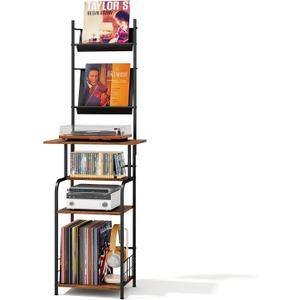 Record Player Stand with Vinyl Storage - 6-Tier Turntable Table with Adjustable Feet, Metal & Wood Cabinet - Console Organizer Display Shelf for Living Room, Apartment