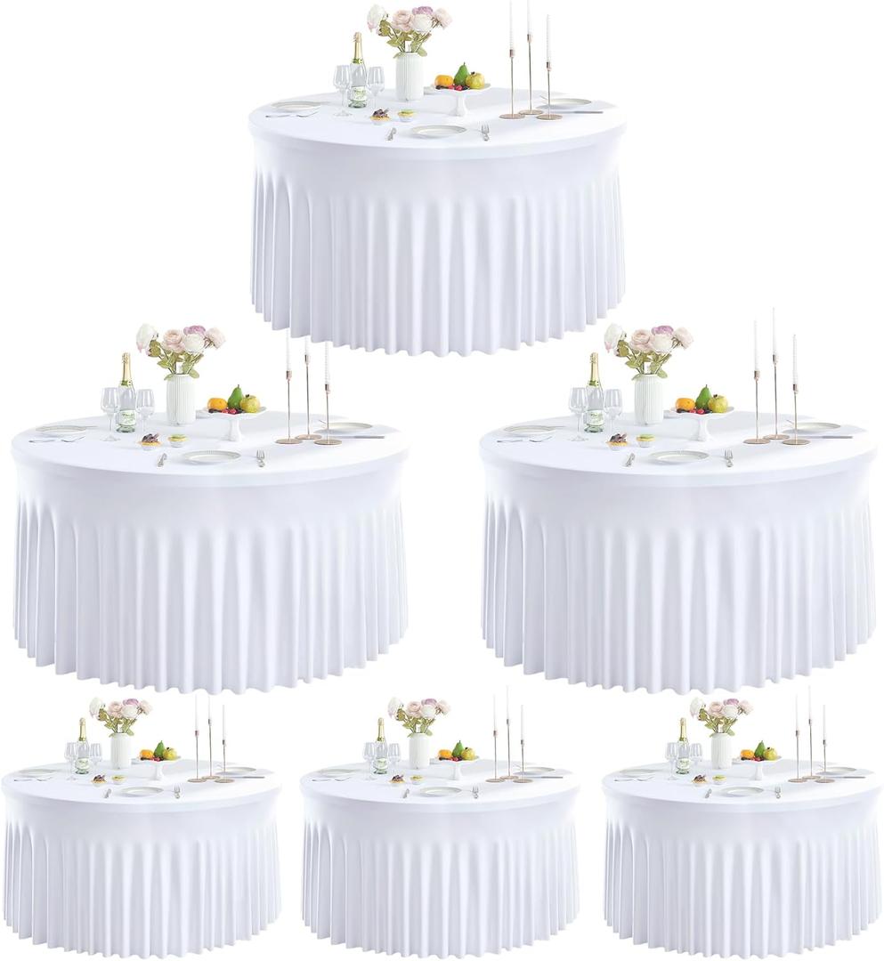 Outpain 6 Pack White Round Spandex Tablecloth for 48Inch/4FT Tables - Stretchy Table Cloth with Skirt, Wrinkle-Free Fitted Cloth for Wedding Vendor, Banquet & Graduation Decor (108" Round)