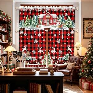 Christmas Kitchen Curtains Valances 3 Piece Set Winter Snowman Curtains Valance & Tiers for Farmhouse Kitchen Home Indoor Cafe 36 Inch Short Window Curtain Over Sink Window Snowflake Holiday Decor