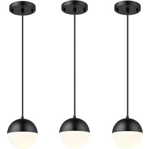 LMS Mid Century Pendant Lights, Matte Black Kitchen Island Light Fixtures with White Globe Glass Shade, Adjustable Hanging Cord, 3 Pack for Home Office Dining Room Bathroom, LMS-186PL-BKWS3PK