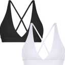 INIBUD Sports Bra for Women Push Up Strappy Workout Top Padded Deep V-Neck Triangle Bralettes with Support Gym (Large, Black & White)