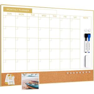ARCOBIS Dry Erase Calendar Whiteboard Cork Board Combo, 24"x18" Magnetic White Board Calendar Dry Erase for Wall, Gold Frame Monthly Combination Board for Office, Home, School