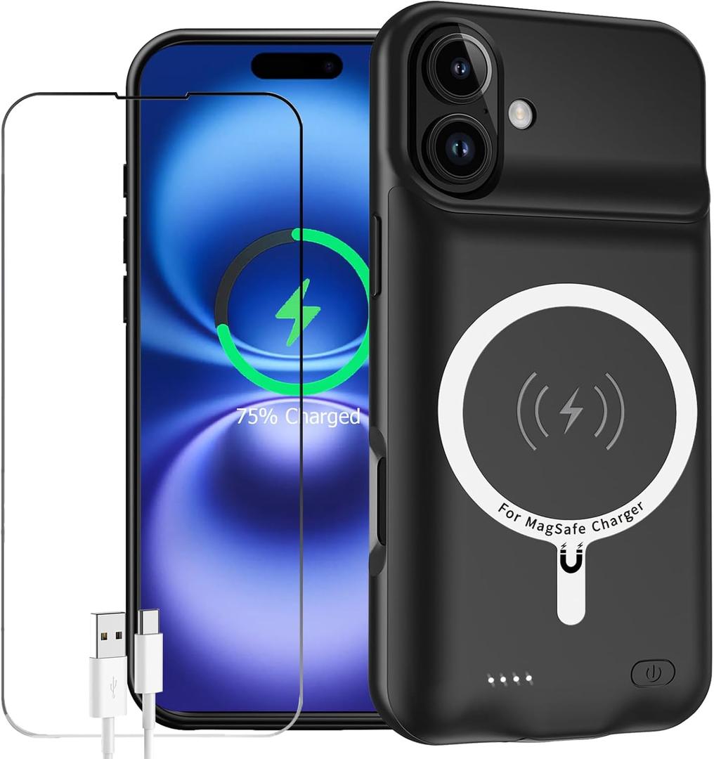 Battery Case for iPhone 16 Plus, Enhanced 12000mAh Portable Protective Wireless Charging Case Support Carplay Compatible with iPhone 16 Plus (6.7 inch) Rechargeable Battery Charger (Black)