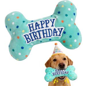 Prime Pets Dog Birthday Toys, Plush Dog Squeaky Toys, Stuffed Puppy Chew Toy for Small Medium Large Dogs, Bone Pet Toy