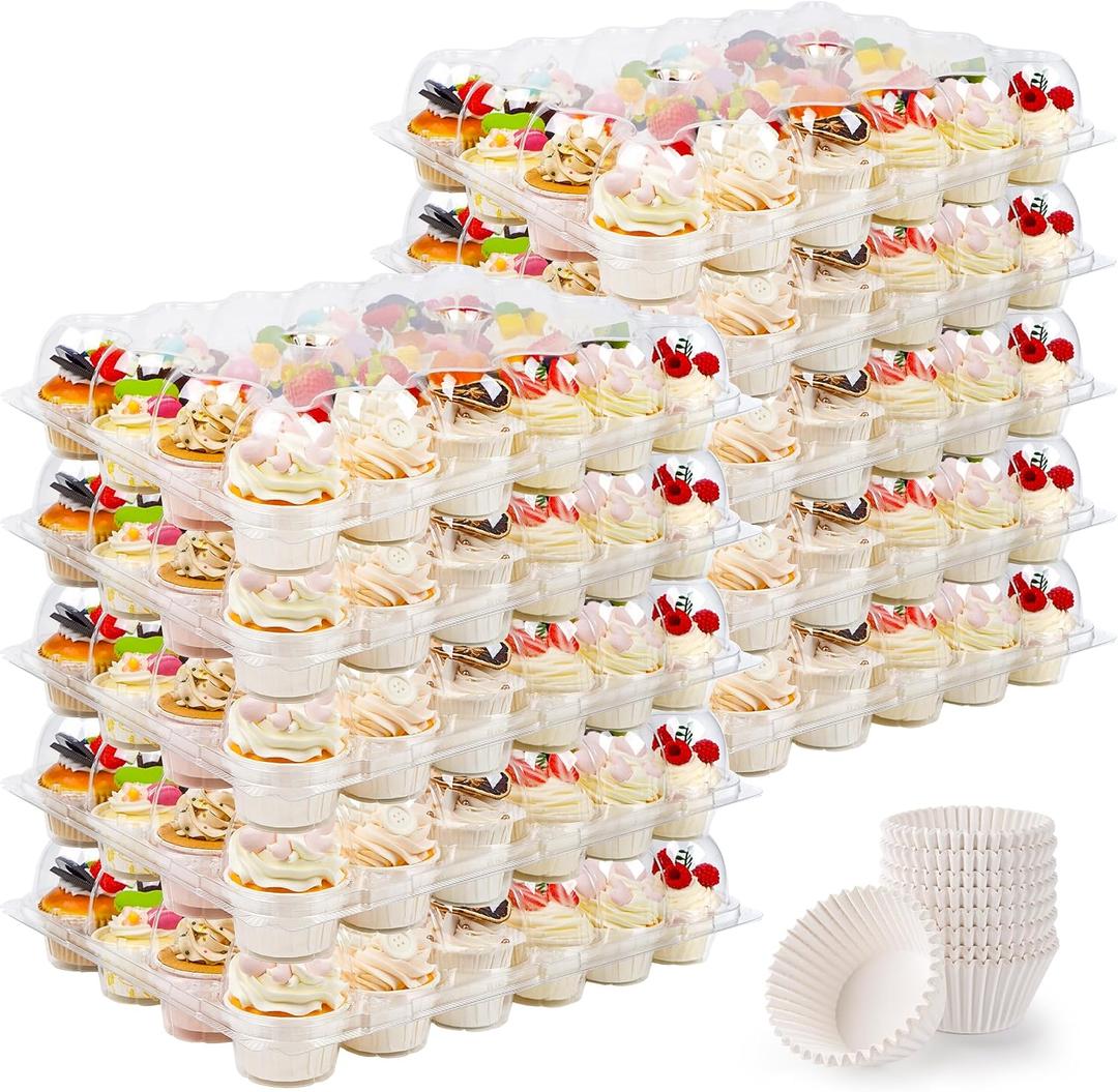 24 Count Cupcake Containers 10 Pack Cupcake Holders Plastic Clear Disposable Cupcake Containers with Detachable Tall Dome Lids and 360 Liners for 240 Cupcakes, BPA Free, Standard Size