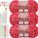 LUNARM 3 * 100g Chenille Yarn, Yarn for Crocheting Knitting with Big Eye Needles, Handcrafts Weaving Soft Chenille Yarn for Making Blankets, Clothes, Pattern Knitting Creations (Bright Red) (Solid Color)
