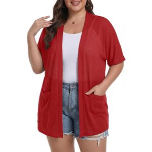 OLRIK Plus Size Summer Cardigan for Women Short Sleeve Lightweight Cover Up 2026 Open Front Beach Cardigan with Pockets, Size 2X