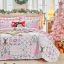 Joyreap 3pcs Christmas Quilt Set King, Pink Xmas Patchwork Design, Lightweight Microfiber Bedspread Coverlet for All Season- 102x88 inches