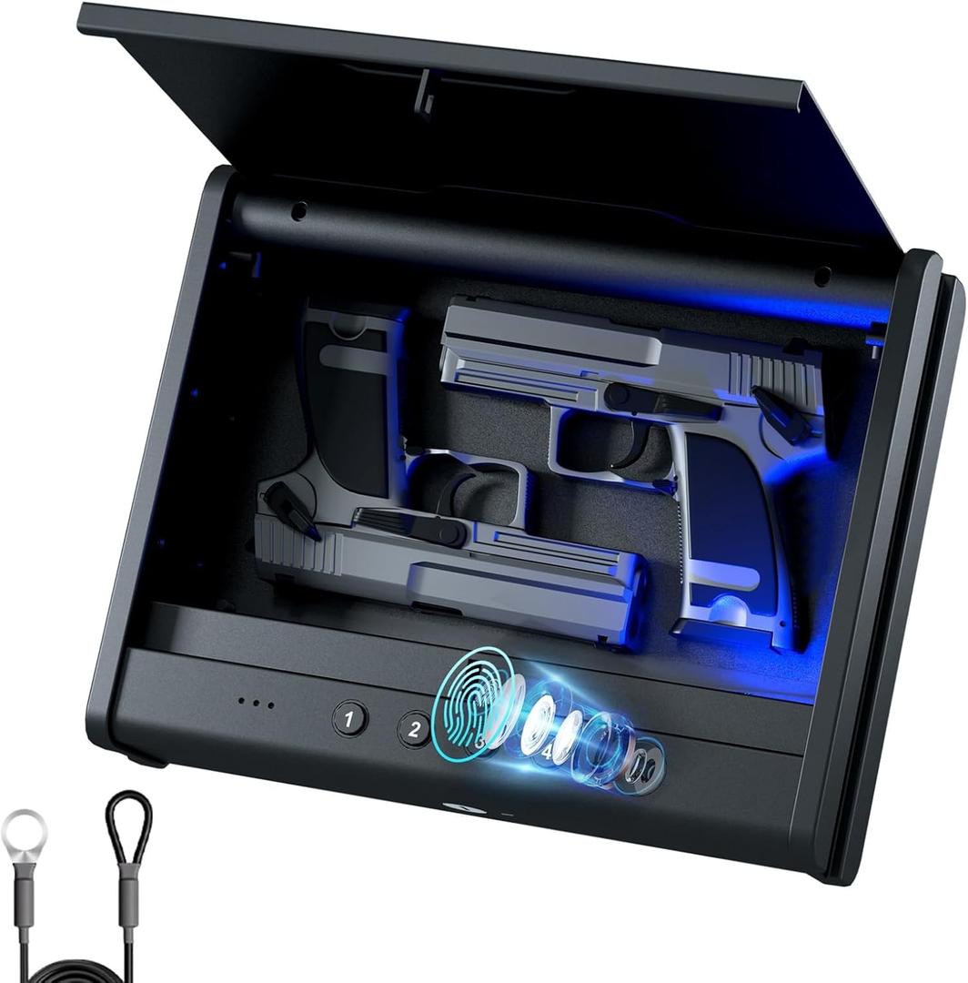 PINEWORLD Biometric Gun Safe for Handgun, Pistol Safe with Fingerprint Backlit Keypad, Quick Access Handgun Safe, Firearm Lock Box with Interior Light for Home,Nightstand, Car, Steel Cable Included