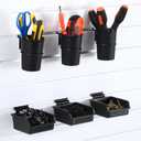 6 Pack Slatwall Cups Bins Plastic Organizer with Hooks and Loops Black Slatwall Accessories Set for Craft Workshop Workbench Hobby Office Tool Shed Hardware Garage