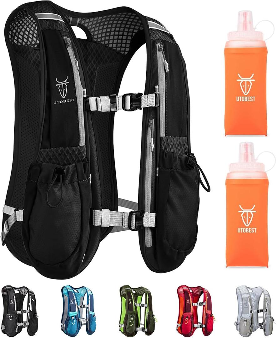 Running Vest, 5L Hydration Vest Lightweight, Breathable and Sweatproof Running Backpack, Adjustable Running Hydration Vest for Trail Running Marathon Race Jogging Cycling (Black Vest 5L with 2 x Soft Flask)