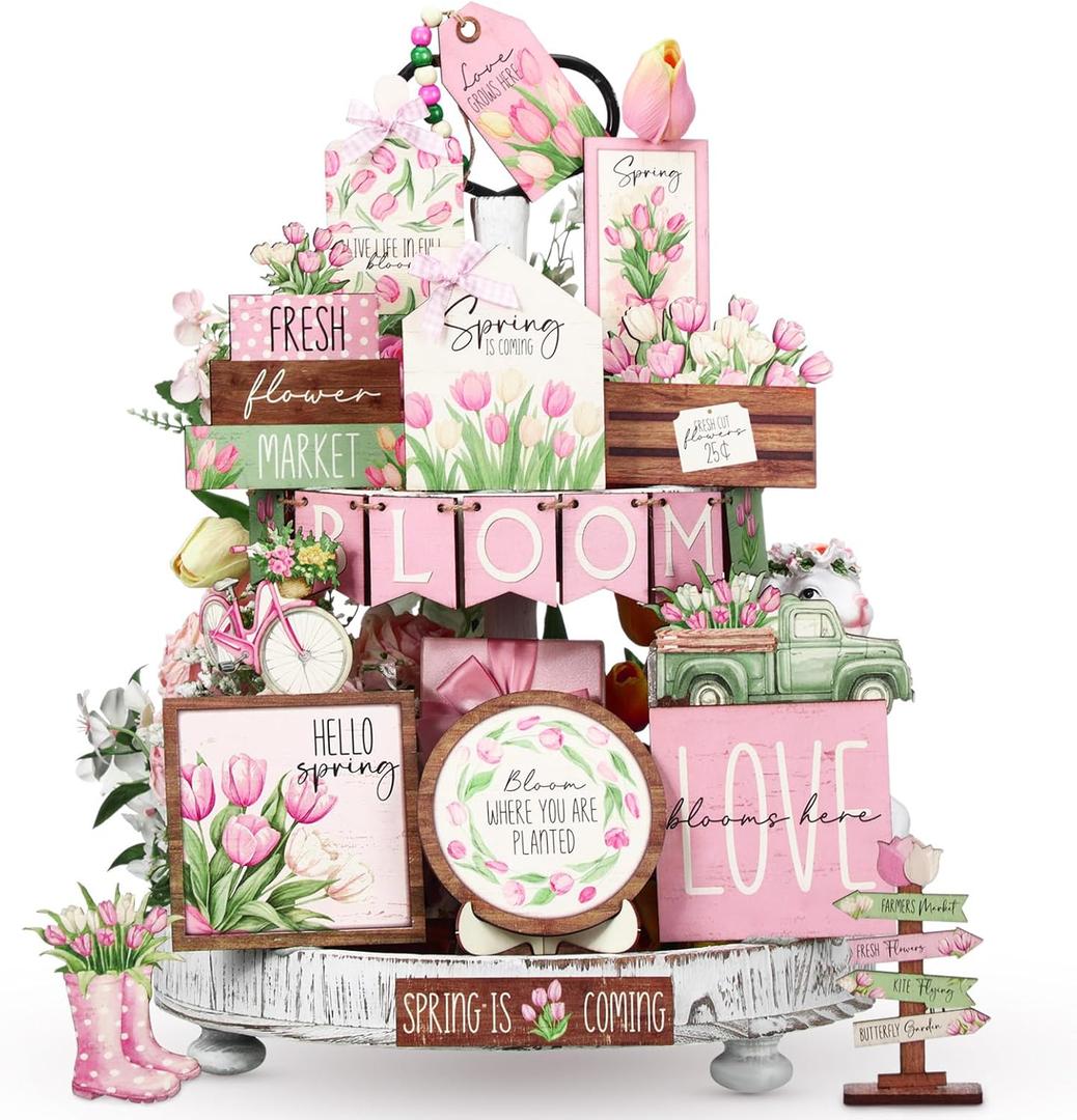 Bucherry 21 Pcs Spring Flower Tiered Tray Decor Set Farmhouse Tulip Floral Wooden Sign Rustic Spring Table Centerpieces Tulips Tiered Tray Decorations for Home Shelf Tabletop Kitchen