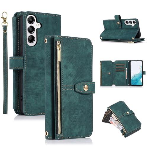 UEEBAI Wallet Case for Samsung Galaxy A36 5G, 9 Card Holder Slots Zipper Pocket Handbag Wallet Magnetic Closure Kickstand with Wrist Strap TPU Shockproof Flip Case for Women - Retro Green