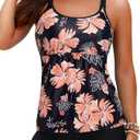 Yonique Women’s Floral Tankini Swimsuit – Size XL, Black and Coral Two-Piece Bathing Suit 