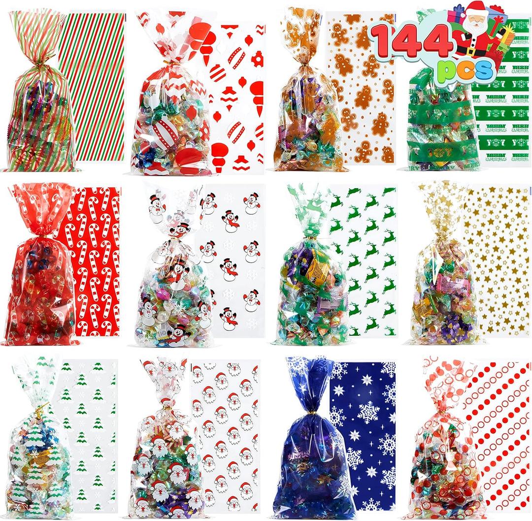 JOYIN 144 PCS Christmas Cellophane Bags with Ribbon for Holiday Treats, Christmas Clear Cello Gift Candy Cookie Bags for Party Favors, Festivals Presents, Party Supplies (11 X 5) (Red,Blue, Green)