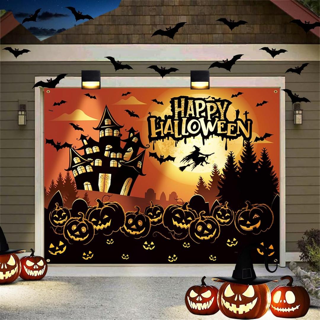 Halloween Garage Door Decorations,7 x 8 ft Pumpkin Halloween Garage Door Cover Scary Halloween Backdrop for Home Outdoor Indoor Party Yard Wall Decorations