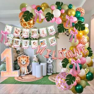 Wild One Birthday Decorations Party Supplies for Girl, Pink Bows Decorations,First Birthday Girl Decor, Jungle Animal Baby Shower Safari 1st Supplies Palm Leaf Balloon Kit