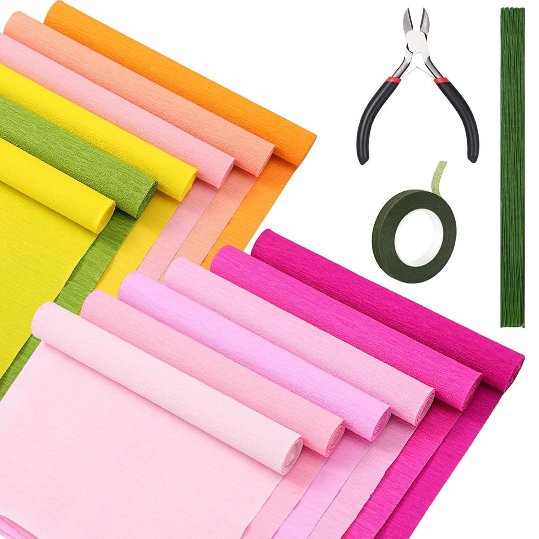 Leinuosen 12 Rolls 8 Feet Crepe Paper Sheets Rolls 10 Inch Crepe Paper Streamer 103 Pcs Floral Arrangement Kit Green Floral Tape Wire Stems Wire Cutter for Wreath Flower Making (Lovely Colors)