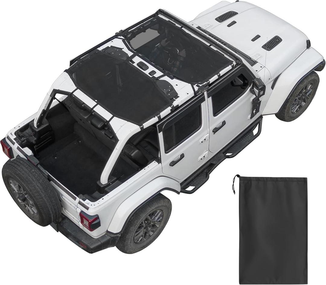 JOYTUTUS Mesh Sun Shade for Wrangler JL 4-Door (2018-2026) Full Coverage Custom-Fit Integrated No-Slip Straps for Easy Install, UV Blocking, Wind & Noise Reduction(Front & Rear)