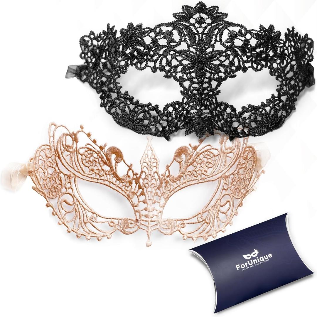 Masquerade Mask for Couples Women and Men - 3 Pack Venetian Gold and Black Lace, Mardi Gras Mask