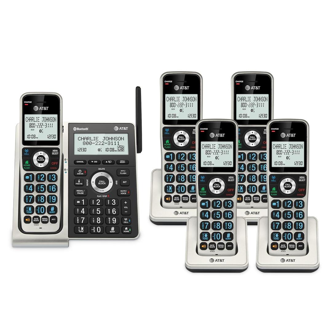 AT&T BL3107-5 DECT 6.0 5-Handset Cordless Phone with Bluetooth Connect to Cell, Smart Call Blocker, Digital Answering System, Extended Range, Big Buttons - Titanium Black