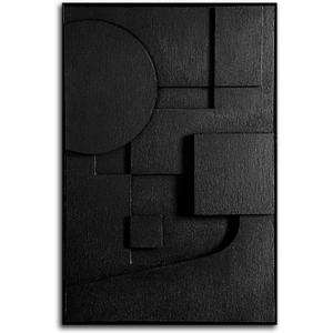 Slyart Black Textured Wall Art, Handmade Contemporary Art 3D Abstract Relief Painting, Framed Thick Texture Vertical Wall Art 24x36 Inch