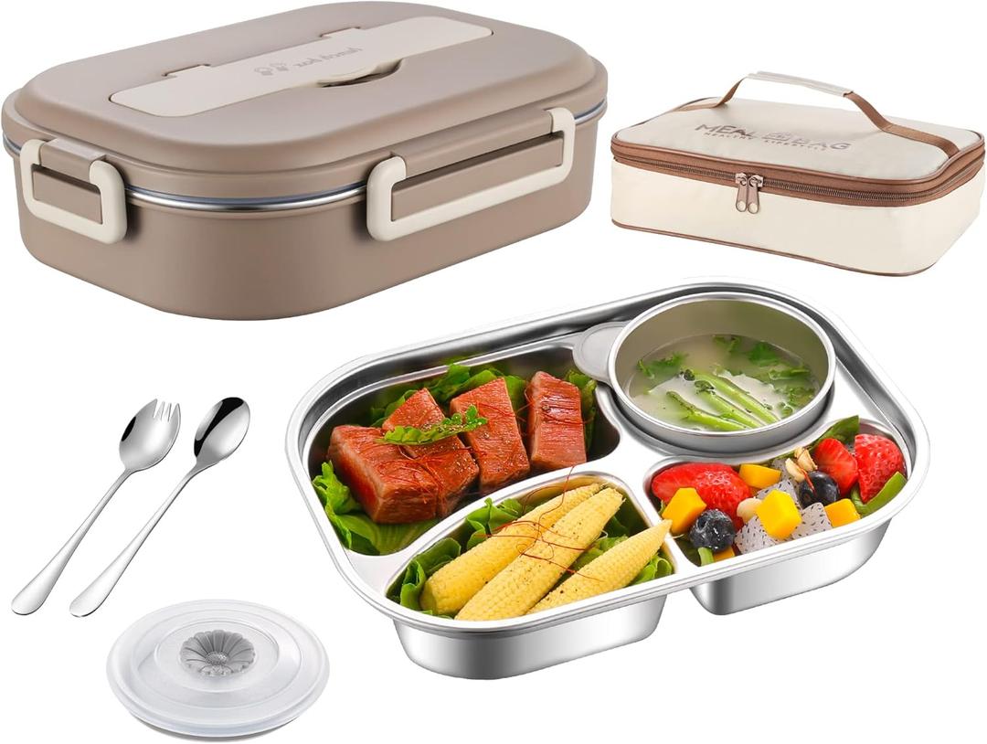 Bento Box,1500ml Stainless Steel Lunch Box,Versatile 4-Compartment Portable Lunch Box Container-Salad Lunch Containers for Adults/Kids with Soup Bowl Spoon Fork Thermos Bag Accessories (Khaki)
