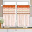 FRAMICS Farmhouse Linen Kitchen Curtains 36 Inch Length Orange Striped Short Curtain for Windows Boho Crochet Small Window Curtains for Kitchen Rod Pocket Tier Curtain for Bathroom, Cafe, 2 Panels