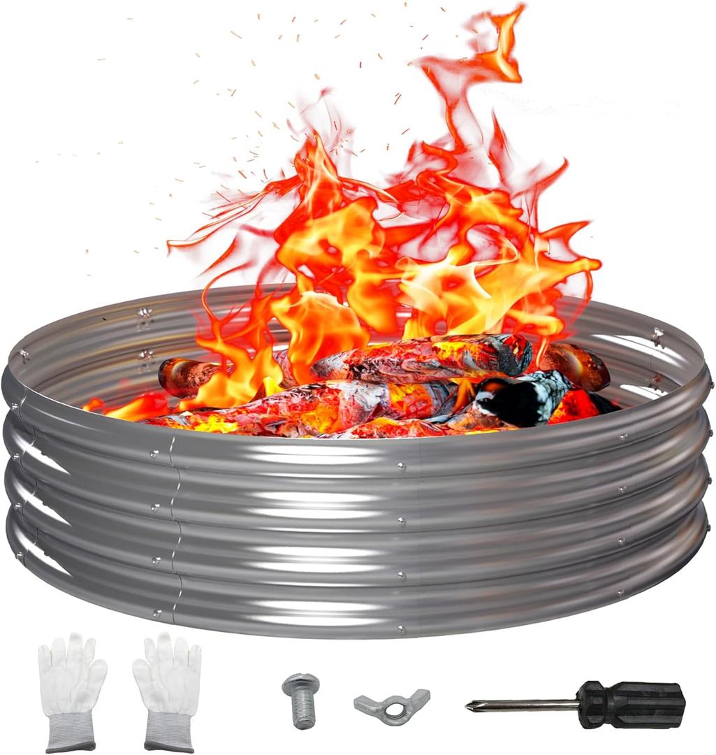48 Inch Outdoor Fire Pit Ring, Round Galvanized Portable Fire Pit for Camping, Metal Steel Bonfire Fire Ring for Outside, Backyard (4FT)