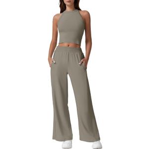 QINSEN Women's 2 Piece Sets Summer Ribbed Knit Crop Tank Tops Wide Leg Pants Sleeveless Tracksuit Small