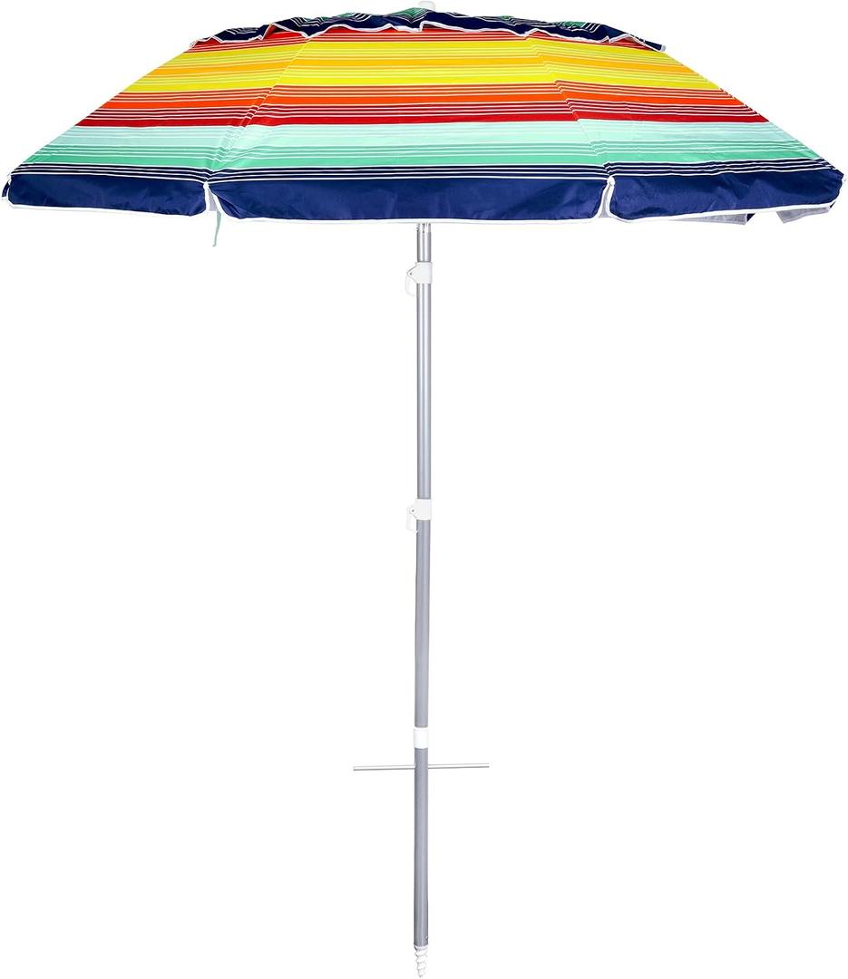 6.5ft folded Portable beach umbrella with sand anchor windproof, Push Button Tilt and Air vent UPF 50+ Protection Fits in a large Suitcase for Patio Garden Beach Pool Backyard, Warm color Stripe CA-1901