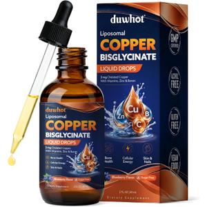 Liquid Copper Bisglycinate Drops, 2mg Chelated Copper Supplements, 2 Fl Oz