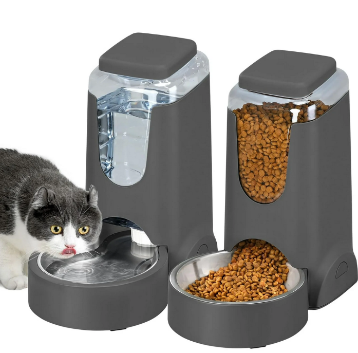 2 Pack Automatic Cat Feeder and Stainless Steel Water Dispenser, Gravity Dog Waterer Set Food Feeder and Waterer Set for Small Medium Kitten Puppy Pets(1 Gallon x 2, Charcoal Gray)